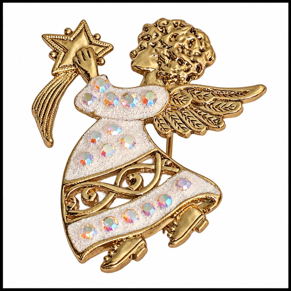 Gold Tone Angel Brooch Shooting Star White Enamel Iridescent Rhinestones Pin